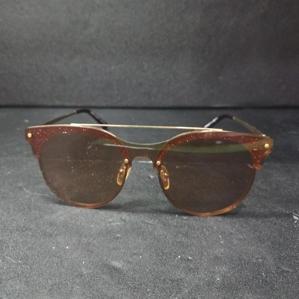 Donna Rose Gold Double Bridge Round Sunglasses DN358 Brown Tint Glitter Detail